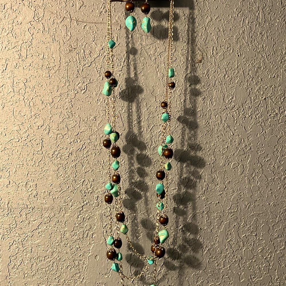 Beautiful wooden and turquoise beaded necklace and earrings